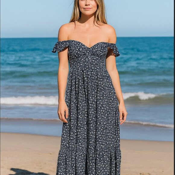Navy Blue Floral Maxi Dress Size Large Off Shoulder tiered sweet heart Sundress - Picture 1 of 14